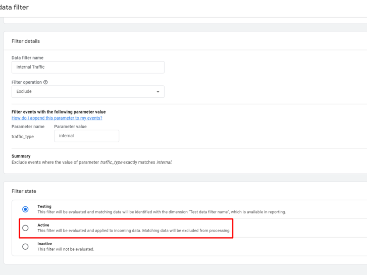 Activating internal traffic filter