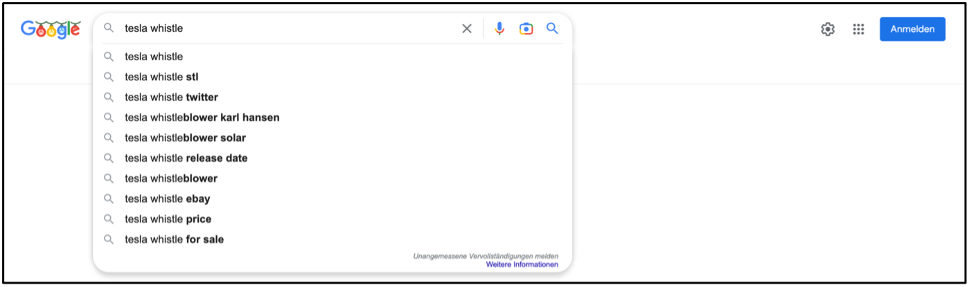 auto suggestions when typing the words 'Tesla whistle' into Google