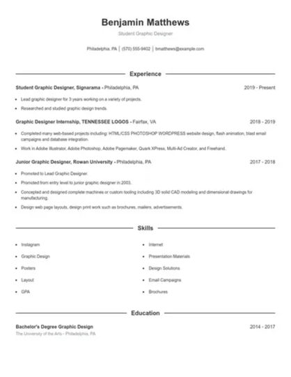 Benjamin Matthews' black and white resume; graphic design resume examples